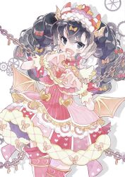 Rule 34 | 1girl, :d, black eyes, black hair, bow, chain, commentary, cowboy shot, dress, english commentary, fake horns, fang, frilled dress, frills, gaaruru (pripara), gears, hair bow, hairband, hands up, headphones, heart, heart print, highres, horns, idol clothes, long hair, looking at viewer, multiple hair bows, open mouth, pink bow, pretty series, pripara, ranirani (syohousen8), red dress, red horns, skin fang, smile, solo, twintails, yellow bow