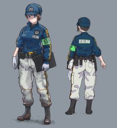 Rule 34 | 1girl, belt, black footwear, blue eyes, blue hat, blue jacket, boots, brown hair, clipboard, commentary request, contrapposto, genso, gloves, grey background, hat, holding, holster, jacket, long sleeves, multiple views, original, pants, police, police uniform, policewoman, ponytail, pouch, simple background, standing, sweater, uniform, walkie-talkie, watch, white gloves, wristwatch