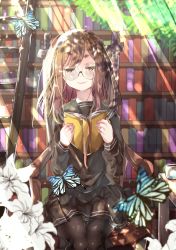 Rule 34 | 1girl, artist name, artist request, black pantyhose, black shirt, black skirt, blouse, blue butterfly, blush, book, bookshelf, breasts, brown eyes, brown hair, bug, butterfly, chair, closed eyes, cup, female focus, glasses, hair between eyes, highres, holding, holding book, insect, kunikida hanamaru, ladder, layered skirt, light brown hair, long hair, looking at viewer, love live!, love live! sunshine!!, miniskirt, on chair, pantyhose, parted lips, pink lips, plaid, plaid skirt, pleated, pleated skirt, shirt, sitting, skirt, smile, solo, sunlight, table, tree, yellow eyes
