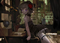 Rule 34 | 1girl, arched back, arm support, bare shoulders, blonde hair, book, bridal garter, chair, city, cup, dark, desk, dress, flower, frills, globe, goth fashion, hair flower, hair ornament, indoors, leaning, looking at viewer, original, pantyhose, plant, potted plant, purple eyes, rose, short hair, skeleton, solo, teacup, telescope, thighhighs, uturo, white pantyhose, window