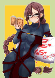 Rule 34 | aoi manabu, black-framed eyewear, black dress, book, braid, breasts, brown eyes, brown hair, center opening, dress, earrings, fate/grand order, fate (series), glasses, holding, holding book, holding pillow, jewelry, long braid, long hair, looking at viewer, medium breasts, pillow, pinstripe dress, pinstripe pattern, single braid, solo, strapless, strapless dress, striped, sweater, sweater dress, turtleneck, very long hair, yu mei-ren (fate), yu mei-ren (first ascension) (fate)