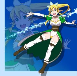 Rule 34 | 10s, 1girl, blonde hair, breasts, full body, green eyes, highres, leafa, leotard, long hair, open mouth, pointy ears, ponytail, puge, sword art online, thighhighs, thighs, zoom layer