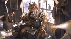 Rule 34 | 1girl, animal ears, arknights, ascot, bird, black jacket, black thighhighs, buzhidaojiaoshenmekoua, crossed legs, extra ears, feet out of frame, hair between eyes, highres, indoors, jacket, long hair, looking at viewer, penance (arknights), picture frame, shirt, sitting, solo, thighhighs, wall, white ascot, white shirt, window