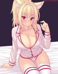 Rule 34 | 1girl, animal ear fluff, animal ears, arm support, blonde hair, breasts, cat ears, cat girl, cleavage, covered erect nipples, high ponytail, highres, large breasts, long hair, looking at viewer, nottytiffy, original, pajamas, panties, patreon username, ponytail, red eyes, sitting, slit pupils, smile, solo, thighhighs, tiffy (nottytiffy), underwear, watermark, web address, white thighhighs