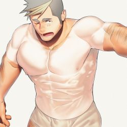 Rule 34 | 1boy, arm hair, bara, blush, boxer (danshikobo), boxers, bulge, covered abs, covered erect nipples, covered navel, facial hair, grey hair, large pectorals, male focus, male underwear, multicolored hair, muscular, original, pectoral focus, pectorals, realistic, see-through, see-through sleeves, shirt, short hair, sideburns, solo, stubble, tongue, two-tone hair, underwear, upper body, wet, wet clothes, wet shirt, white background, white shirt