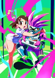 Rule 34 | 1boy, 1girl, :o, absurdres, armor, arms around neck, asuna (kamen rider ex-aid), black hair, blush, bodysuit, breastplate, brown eyes, colorful, dress, eyebrows, foreshortening, full body, greaves, green background, half updo, handheld game console, helmet, hetero, highres, holding, hug, kamen rider, kamen rider ex-aid, kamen rider ex-aid (series), karino asuna, leaning forward, leg lift, leg up, legs, legs apart, legs together, looking at viewer, mary janes, mask, mighty action x level 2, musical note, nurse, open mouth, otokamu, outstretched arms, pauldrons, pixelated, playing games, quaver, shoes, short dress, short hair, short sleeves, shoulder armor, vambraces, white dress, white footwear, wide-eyed