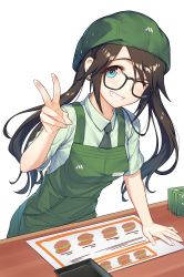 Rule 34 | 1girl, ;d, apron, arm support, black-framed eyewear, black necktie, blue eyes, blush, breasts, brown hair, collared shirt, employee uniform, glasses, green apron, green hat, grin, hat, highres, idolmaster, idolmaster shiny colors, kotoribako, leaning forward, long hair, medium breasts, mitsumine yuika, necktie, one eye closed, open mouth, shirt, short sleeves, smile, solo, table, teeth, twintails, uniform, v, white shirt, wing collar