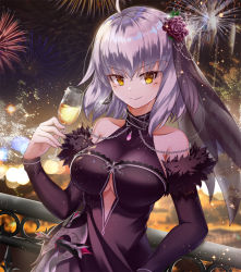 Rule 34 | 1girl, adapted costume, against railing, alcohol, blush, breasts, chain, champagne, champagne flute, clothing cutout, commentary request, cup, detached sleeves, dress, drinking glass, fate/grand order, fate (series), fireworks, flower, fur-trimmed sleeves, fur trim, hair flower, hair ornament, jeanne d&#039;arc (fate), jeanne d&#039;arc alter (avenger) (fate), jeanne d&#039;arc alter (fate), large breasts, against railing, long dress, nokmal, purple dress, railing, short hair, side slit, silver hair, smile, solo, underboob, underboob cutout, veil, yellow eyes
