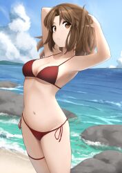 Rule 34 | 1girl, absurdres, alternate costume, armpits, arms up, beach, bikini, blue sky, breasts, brown eyes, brown hair, cleavage, commentary, commission, english commentary, fav faris, highres, long hair, looking at viewer, medium breasts, navel, ocean, outdoors, red bikini, sand, sky, solo, stomach, swimsuit, tsukihime, twintails, water, yumizuka satsuki