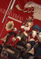 Rule 34 | 1girl, absurdres, antlers, bell, boots, box, breasts, brown hair, christmas, full body, gift, gift box, gloves, green eyes, hair between eyes, hat, highres, horns, lanyaojun, long sleeves, looking at viewer, original, parted lips, pillow, red background, red footwear, red hat, red shirt, reindeer antlers, shirt, short hair, simple background, sitting, smile, solo, vambraces, wagon, wheel, white gloves