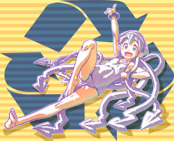 Rule 34 | 1girl, armpits, arrow (symbol), barefoot, blue hair, bracelet, cameltoe, cleft of venus, covered erect nipples, feet, flat chest, green eyes, hat, honzawa yuuichirou, ikamusume, jewelry, long hair, lying, on side, one-piece swimsuit, pointing, pointing up, school swimsuit, shinryaku! ikamusume, solo, swimsuit, tentacle hair, toes, white school swimsuit, white one-piece swimsuit