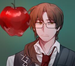 Rule 34 | 1boy, apple, brown hair, chinese commentary, closed mouth, collared shirt, colored eyelashes, commentary request, food, fruit, glasses, green background, gregor (project moon), grey vest, highres, limbus company, low ponytail, male focus, mature male, necktie, project moon, rectangular eyewear, red necktie, shirt, side ponytail, solo, souyizhe, vest, white shirt, yellow eyes