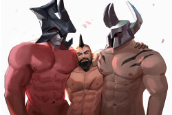 Rule 34 | 3boys, aatrox, abs, bara, beard, black hair, chest tattoo, colored skin, completely nude, cowboy shot, demon boy, earrings, facial hair, fake horns, falling petals, glowing, glowing eyes, hand on another&#039;s shoulder, height difference, helmet, highres, horned helmet, horns, interspecies, jewelry, large pectorals, league of legends, long beard, looking at pectorals, male focus, mature male, mohawk, monster boy, mordekaiser, multiple boys, muscular, muscular male, mustache, navel, navel hair, nipples, nude, pantheon (league of legends), pectorals, petals, red skin, scar, scar on chest, seductive smile, short hair, smile, sociopotato1, stomach, tattoo, tied beard, upper body, white background, yaoi