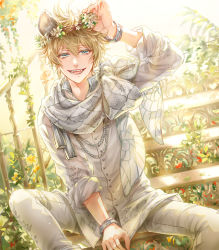 Rule 34 | 1boy, animal ears, arm support, arm up, between legs, blonde hair, blue eyes, bracelet, day, doro (sabarudoro), dress shirt, dutch angle, fangs, feet out of frame, flower, flower wreath, hair between eyes, hair flower, hair ornament, hand between legs, hand on own head, head wreath, hyena ears, jewelry, knee up, long sleeves, looking at viewer, male focus, pants, plant, rope, ruggie bucchi, scarf, shirt, sitting, sleeves rolled up, smile, solo, stairs, tassel, twisted wonderland, vines, white pants, white shirt