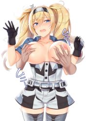 Rule 34 | 1girl, belt, black gloves, blonde hair, blue eyes, blue shirt, blush, grabbing another&#039;s breast, breasts, breasts out, cai geng, cowboy shot, disembodied hand, gambier bay (kancolle), gloves, grabbing, groping, hair between eyes, hairband, kantai collection, large breasts, long hair, multicolored clothes, multicolored gloves, nipples, no bra, open mouth, shirt, short sleeves, simple background, solo focus, thighhighs, twintails, white background, white gloves