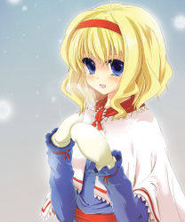 Rule 34 | 1girl, alice margatroid, bad id, bad pixiv id, blonde hair, blue eyes, dot r, female focus, gradient background, hairband, mittens, short hair, solo, touhou
