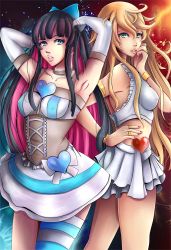 Rule 34 | 10s, 2girls, armpits, arms up, bad id, bad pixiv id, blonde hair, corset, elbow gloves, gloves, heart, jewelry, lips, multicolored hair, multiple girls, nobody studios, panty &amp; stocking with garterbelt, panty (psg), parted lips, ring, siblings, single thighhigh, sisters, skirt, stocking (psg), striped clothes, striped thighhighs, thighhighs, two-tone hair