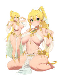 Rule 34 | 1girl, absurdres, alternate costume, barefoot, belly chain, blonde hair, braid, braided sidelock, breasts, chain, chou shippai-saku, circlet, detached sleeves, fairy (sao), forehead jewel, full body, gold chain, green eyes, hair between eyes, harem outfit, head chain, headdress, high ponytail, highleg, highleg panties, highres, jewelry, large breasts, leafa, loincloth, long hair, looking at viewer, multiple rings, multiple views, navel, neck ring, panties, pelvic curtain, pendant, pointy ears, revealing clothes, ring, see-through, side braids, sideboob, sitting, skindentation, smile, sword art online, thighs, underboob, underwear, very long hair, wariza, white sleeves