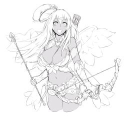 Rule 34 | 1girl, :d, angel wings, arrow (projectile), belt, between breasts, blush, bow (weapon), breasts, commentary, cropped legs, cupid (monster girl encyclopedia), dark-skinned female, dark skin, elbow gloves, fusion, gal gohan, gloves, greyscale, hair between eyes, hair ornament, hairclip, hat, heart, highres, holding, holding weapon, large breasts, long hair, looking at viewer, monochrome, monster girl encyclopedia, navel, okazaki miku, open mouth, quiver, roresu, simple background, smile, solo, standing, weapon, white background, wings