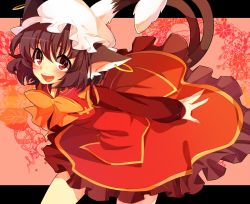 Rule 34 | 1girl, akibotann, animal ears, bad id, bad pixiv id, brown hair, cat ears, cat tail, chen, earrings, hat, jewelry, multiple tails, red eyes, short hair, smile, solo, tail, touhou