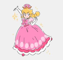 Rule 34 | 1girl, bow, commentary, crown, dress, elbow gloves, english commentary, full body, gloves, grey background, grey eyes, long hair, looking at viewer, marie lum, mario (series), new super mario bros. u deluxe, nintendo, peachette, pink dress, pink footwear, puffy short sleeves, puffy sleeves, short sleeves, simple background, smile, solo, sparkle, super crown, toadette, transformation, twintails