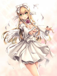 Rule 34 | 1girl, aruma jiki, blonde hair, bow, breasts, cleavage, detached sleeves, dress, feathers, female focus, flower, frills, green eyes, hair bow, head wings, long hair, looking at viewer, open mouth, original, rose, simple background, solo, white background, white bow, white dress, wings