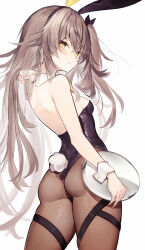 Rule 34 | 1girl, absurdres, alternate costume, animal ears, ass, backless leotard, black leotard, black pantyhose, blush, brown hair, closed mouth, commentary, cowboy shot, detached collar, diieru, fake animal ears, fake tail, from behind, girls&#039; frontline, highres, holding, holding tray, leotard, long hair, looking at viewer, looking back, one side up, pantyhose, playboy bunny, rabbit ears, rabbit tail, scar, scar across eye, simple background, skindentation, solo, sweatdrop, symbol-only commentary, tail, tray, ump45 (girls&#039; frontline), white background, wrist cuffs, yellow eyes