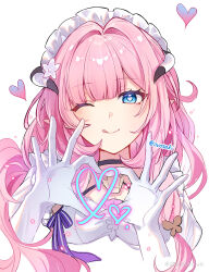 Rule 34 | 1girl, absurdres, blue eyes, breasts, butterfly hair ornament, cleavage, elf, elysia (honkai impact), elysia (miss pink elf) (honkai impact), fake horns, gloves, hair between eyes, hair ornament, heart, heart hands, highres, honkai (series), honkai impact 3rd, horns, long hair, looking at viewer, maid, maid headdress, one eye closed, ovosaki, pointy ears, smile, solo, tongue, tongue out, twitter username, very long hair, white background, white gloves