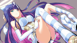 Rule 34 | 10s, 1girl, blue eyes, blue hair, blunt bangs, bow, bracelet, breasts, bridal gauntlets, choker, colored inner hair, covered erect nipples, hair bow, halo, highres, holding, holding clothes, holding panties, holding underwear, jewelry, large breasts, long hair, matching hair/eyes, md5 mismatch, multicolored hair, panties, panty &amp; stocking with garterbelt, pink hair, resolution mismatch, skin tight, smile, sock pull, solo, source smaller, stocking (psg), striped clothes, striped thighhighs, thighhigh dangle, thighhighs, thighs, two-tone hair, underwear, wallpaper, yuki mizore