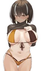 Rule 34 | 1girl, adapted costume, alternate costume, arknights, bikini, black sweater, blush, breasts, brown hair, cleavage, closed mouth, clothes lift, commentary, commission, cowboy shot, earrings, embarrassed, gluteal fold, hair between eyes, highres, jewelry, large breasts, looking at viewer, magallan (arknights), midriff, multicolored hair, navel, ribbed sweater, short hair, silver hair, simple background, skeb commission, solo, streaked hair, string bikini, sweater, sweater lift, swimsuit, tareme, thigh gap, thighs, thong, turtleneck, turtleneck sweater, white background, yellow bikini, yellow eyes, zellam