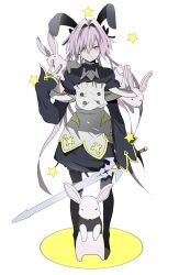 Rule 34 | 1boy, absurdres, astolfo (fate), astolfo (saber) (fate), astolfo (saber) (third ascension) (fate), bad id, bad pixiv id, black bow, black ribbon, bow, bowtie, commentary request, dress, fate/grand order, fate (series), frills, grey hair, hair bow, hair intakes, hair ribbon, highres, holding, holding sword, holding weapon, long hair, long sleeves, looking at viewer, male focus, purple eyes, rabbit, ribbon, simple background, sleeves past fingers, sleeves past wrists, solo, star (symbol), sword, thighhighs, transparent background, trap, twintails, umiu c, weapon, white background