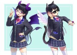 Rule 34 | 1girl, :d, animal ears, black hair, blue eyes, blush, bow, bowtie, braid, breasts, cat ears, cat tail, demon horns, demon tail, demon wings, glasses, hair ornament, hairclip, hand on own hip, highres, horns, jewelry, kath, looking at viewer, multiple views, nijisanji, open mouth, pleated skirt, ring, school uniform, skirt, sleeves past wrists, smile, sunglasses, tail, thighhighs, tsukino mito, tsukino mito (1st costume), virtual youtuber, white thighhighs, wings