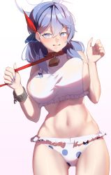 Rule 34 | absurdres, ako (blue archive), animal collar, annoyed, bangko, bare shoulders, bell, bikini, blue archive, blue eyes, blue hair, blue hairband, blue nails, blush, breasts, collar, cowbell, cowboy shot, cuffs, ear piercing, frilled bikini, frills, furrowed brow, gluteal fold, hair between eyes, hairband, halo, hands up, highres, large breasts, leash, leash pull, long hair, looking at viewer, nail polish, navel, neck bell, piercing, polka dot, polka dot bikini, shackles, sideboob, simple background, swimsuit, taut clothes, taut swimsuit, thighs, wide hips