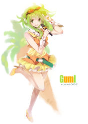 Rule 34 | 1girl, \m/, belt, female focus, goggles, green eyes, green hair, gumi, headphones, high heels, highres, matching hair/eyes, shell (shell518), shoes, skirt, smile, solo, vocaloid, white background