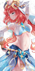 Rule 34 | 1girl, armlet, blue eyes, blue skirt, blush, bracer, breasts, breasts apart, brooch, dancing, genshin impact, hair ornament, harem outfit, highres, horns, jewelry, long hair, long sleeves, looking to the side, medium breasts, neck ring, nilou (genshin impact), puffy long sleeves, puffy sleeves, red hair, sash, sidelocks, skirt, smile, solo, thighlet, thighs, uenoryoma, veil, water, water drop