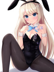 Rule 34 | 1girl, absurdres, animal ears, black leotard, black pantyhose, blonde hair, blue bow, blue bowtie, blue eyes, bow, bowtie, breasts, cleavage, detached collar, fake animal ears, finger to mouth, highres, kuon (kuon), leotard, long hair, lotion, masquerade channel, medium breasts, pantyhose, playboy bunny, rabbit ears, rabbit tail, simple background, sitting, solo, spill, strapless, strapless leotard, tail, virtual youtuber, white background, wrist cuffs, yumemiya alice