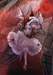Rule 34 | 1girl, absurdres, aorin oekaki, arm up, ascot, bat wings, blue hair, blush, bow, broken window, brooch, carpet, closed mouth, collared dress, commentary, corset, dress, dress bow, fang, fang out, fingernails, footwear ribbon, frilled shirt collar, frilled sleeves, frills, full body, full moon, gem, hat, hat ribbon, highres, indoors, jewelry, long sleeves, looking at viewer, mob cap, moon, nail polish, pointy ears, red ascot, red eyes, red footwear, red gemstone, red moon, red nails, red ribbon, remilia scarlet, ribbon, silk, skirt hold, smile, solo, spider web, standing, touhou, white dress, white hat, wings