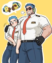 Rule 34 | 2boys, animal crossing, bara, beard stubble, belt, blue hair, blush stickers, cowboy shot, facial hair, headset, highres, humanization, jongari222, large pectorals, looking at pectorals, male focus, mature male, motion lines, multiple boys, muscular, muscular male, necktie, nintendo, orville (animal crossing), pants, pectorals, puff of air, red necktie, reference inset, shirt, short hair, smile, standing, stubble, sunglasses, thick eyebrows, thick thighs, thighs, ting:g, white shirt, wilbur (animal crossing)