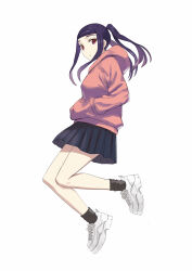 Rule 34 | 1girl, alternate costume, asakiri koko, black skirt, black socks, closed mouth, contemporary, expressionless, from side, full body, hands in pockets, highres, hood, hoodie, jill stingray, long hair, long sleeves, looking at viewer, looking to the side, pink hoodie, purple hair, red eyes, shoes, simple background, skirt, sneakers, socks, solo, swept bangs, twintails, va-11 hall-a, white background, white footwear