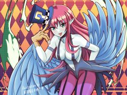 Rule 34 | 1girl, artist name, bare shoulders, blue skin, breasts, claws, colored skin, duel monster, feathered wings, green eyes, harpie lady, harpie lady (normal monster), harpy, hat, highres, holding, holding clothes, holding hat, large breasts, long hair, magical hats (yu-gi-oh!), monster girl, pointy ears, red hair, slingshot swimsuit, solo, swimsuit, tongue, tongue out, top hat, usuba kagerou, winged arms, wings, yu-gi-oh!