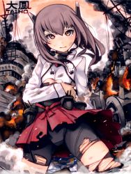 Rule 34 | 10s, 1girl, bike shorts, blush, brown eyes, brown hair, burnt clothes, character name, flat chest, headband, highres, kantai collection, looking at viewer, mistrail, personification, short hair, skirt, solo, taihou (kancolle), tears, thighhighs, torn clothes, wreckage