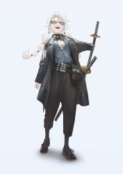 Rule 34 | 1girl, belt, belt buckle, black footwear, black nails, black pants, black socks, breasts, buckle, buttons, cleavage, coat, collar, collared shirt, full body, glasses, grey coat, grey shirt, highres, holding, holding sword, holding weapon, jewelry, katana, kneehighs, long hair, long sleeves, looking at viewer, nail polish, neckwear request, open clothes, open mouth, original, pants, sharp teeth, sheath, sheathed, shirt, shoelaces, shoes, simple background, small breasts, smile, socks, solo, standing, sword, teeth, ttk (kirinottk), twintails, weapon, white hair, yellow eyes