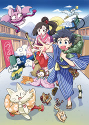 Rule 34 | 1boy, 1girl, bird, black hair, blue eyes, blue sky, broom, building, cat, character request, check copyright, cloud, copyright request, day, flower, goi (tsukumogami kashimasu), hair bun, hair flower, hair ornament, holding, holding broom, japanese clothes, kimono, long hair, long sleeves, mokeo, mountain, mouse (animal), nekogami (tsukumogami kashimasu), notetsu, ohime (tsukumogami kashimasu), okou (tsukumogami kashimasu), outdoors, paper, pink eyes, ponytail, red flower, rikyou (tsukumogami kashimasu), scroll, seiji (tsukumogami kashimasu), short hair, single hair bun, sky, tsukumogami, tsukumogami kashimasu, tsukuyomi (tsukushima kashimasu), usagi (tsukumogami kashimasu), wide sleeves