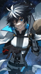 Rule 34 | 1boy, ;d, absurdres, ahoge, armor, belt, black belt, black gloves, black hair, blue eyes, cape, charlemagne (fate), commentary request, fate/extella, fate/extella link, fate/extra, fate/grand order, fate (series), galaxy background, gloves, hair between eyes, highres, holding, joyeuse ordre (fate), long sleeves, looking at viewer, male focus, multicolored hair, one eye closed, open mouth, short hair, smile, solo, sword, teeth, tokikouhime, two-tone hair, upper body, weapon, white cape, white hair