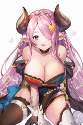Rule 34 | 1girl, bare shoulders, blue eyes, blush, braid, breasts, cleavage, draph, granblue fantasy, hair ornament, hair over one eye, heart, highres, horns, large breasts, light purple hair, long hair, looking at viewer, narmaya (granblue fantasy), open mouth, pointy ears, simple background, sitting, smile, solo, wariza, white background, yuntae