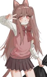 Rule 34 | 1girl, animal ears, bag, blush, bow, bowtie, brown hair, brown skirt, buttoned cuffs, cat ears, cat girl, cat tail, collared shirt, cowboy shot, frost fog, hair between eyes, hand up, highres, holding, holding bag, layered clothes, long bangs, long hair, long sleeves, looking at viewer, mask, mask around neck, miniskirt, mole, mole under eye, mouth mask, original, pink sweater vest, pleated skirt, red bow, red bowtie, school uniform, shirt, side ponytail, sidelocks, simple background, skirt, solo, surgeon cuffs, surgical mask, sweater vest, tail, thighs, trash bag, triangle mouth, v, v-neck, white background, white shirt
