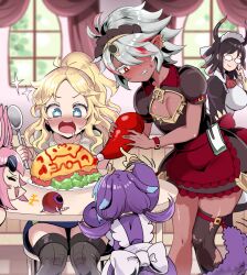 Rule 34 | 1boy, 4girls, adjusting eyewear, albaz (yu-gi-oh!), animal ears, apron, black hair, blonde hair, blue eyes, blue hair, blush, breasts, crossdressing, dark-skinned male, dark skin, dragon girl, dragon horns, dragon tail, dress, drooling, duel monster, ecclesia (yu-gi-oh!), fallen of albaz, ferret ears, ferret girl, food, glasses, highres, horns, house dragonmaid, incredible ecclesia the virtuous, kitt (yu-gi-oh!), lace-trimmed apron, lace trim, large breasts, laundry dragonmaid, long hair, long sleeves, maid, maid apron, maid headdress, mixed maids, multicolored hair, multiple girls, omelet, omurice, open mouth, pink hair, purple hair, red eyes, red hair, short hair, smile, spoon, tail, tomato cyuki, tri-brigade kitt, twintails, wa maid, white hair, yu-gi-oh!