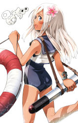 Rule 34 | 10s, 1girl, ass, blonde hair, blue eyes, bracelet, character name, covered navel, crop top, flower, hair flower, hair ornament, jewelry, kantai collection, lifebuoy, long hair, looking back, one-piece swimsuit, one-piece tan, ro-500 (kancolle), sailor collar, sakura (medilore), school swimsuit, solo, swim ring, swimsuit, swimsuit under clothes, tan, tanline, torpedo