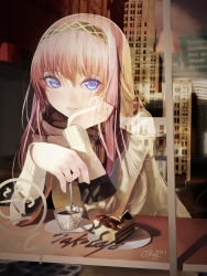 Rule 34 | 10s, 1girl, 2016, blue eyes, building, cafe, cake, cake slice, city, coffee, cup, food, glass, hairband, hand on own face, head rest, highres, holding, holding spoon, long hair, long sleeves, looking away, looking to the side, megurine luka, okingjo, parted lips, pink hair, plate, reflection, saucer, shade, signature, solo, spoon, table, transparent, vocaloid, window