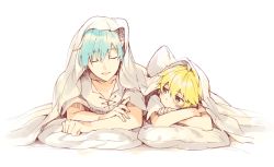 Rule 34 | 2boys, barcode, bed, blanket, blonde hair, blue hair, commentary, crossed arms, closed eyes, facial tattoo, facing viewer, index finger raised, kagamine len, kaito (vocaloid), looking at another, lying, male focus, multiple boys, on stomach, pillow, shirt, short sleeves, sinaooo, strange dark (module), tattoo, under covers, vocaloid, white background, white shirt